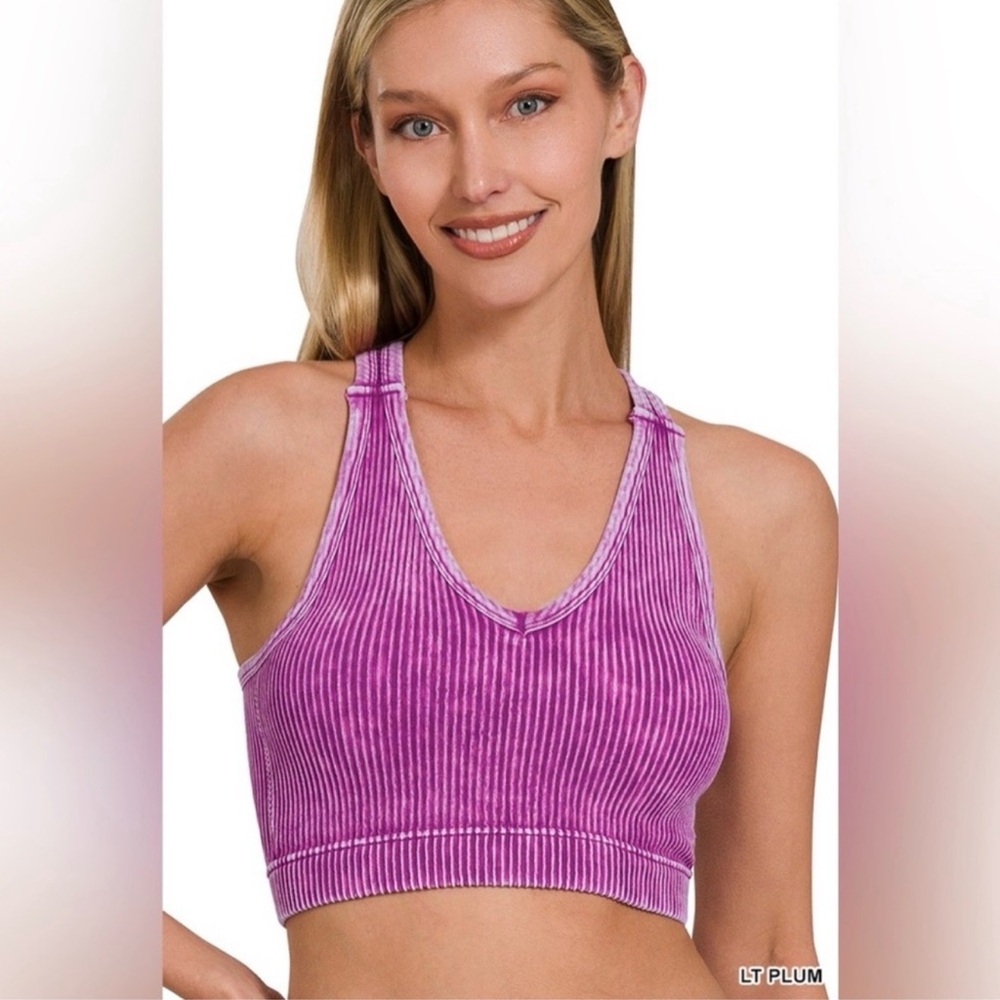 ZENANA- Stone Washed Ribbed Racer-Back Cropped Tank with Bra Liner. S/M